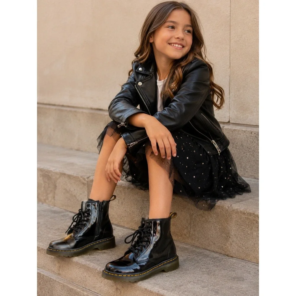 Dr. Martens 1460 J Girls Size 1 Black Good Patent Leather Side Zip Boots